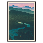 Poster of a landscape artwork titled Ecchu Umidani Pass by Kawase Hasui displaying mountains and a river at dusk