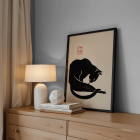 Poster présentant une illustration minimaliste de chat noir intitulée Black Cat 3 avec une calligraphie rouge sur fond beige.