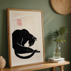 Poster présentant une illustration minimaliste de chat noir intitulée Black Cat 3 avec une calligraphie rouge sur fond beige.