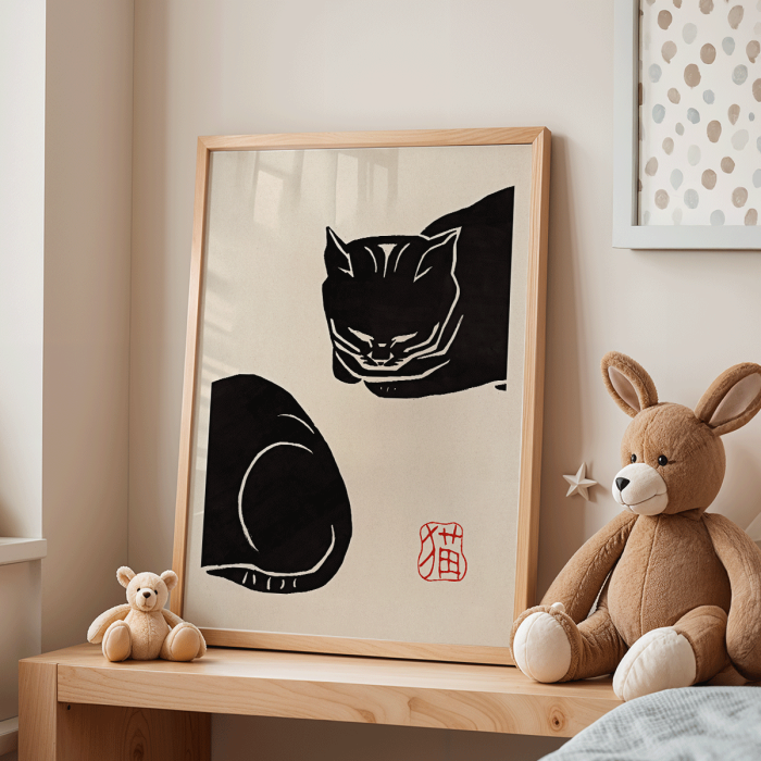 Póster presenta la obra de arte Black Cat de Anonymous que representa un gato negro estilizado con pinceladas minimalistas.