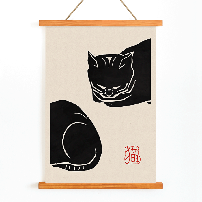 Póster presenta la obra de arte Black Cat de Anonymous que representa un gato negro estilizado con pinceladas minimalistas.