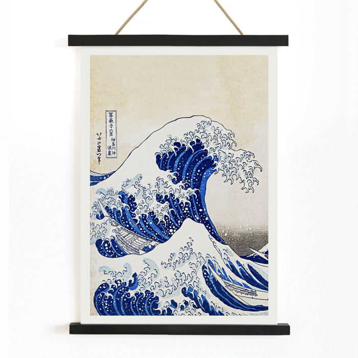 The Great Wave off Kanagawa poster by Katsushika Hokusai depicting a large wave threatening boats with Mount Fuji in the background.