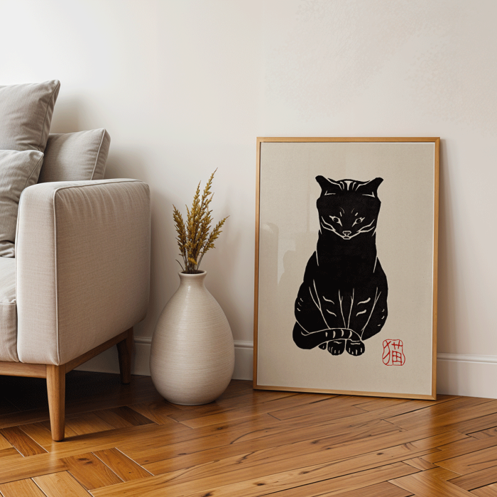 Poster of a black cat artwork titled Black Cat by Anonymous featuring a bold, minimalist design with a red stamp detail.