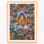 Poster montrant le Bouddha Shakyamuni dans des scènes de légende Avadana entourées de diverses figures dans une illustration vibrante et détaillée