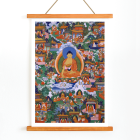 Poster montrant le Bouddha Shakyamuni dans des scènes de légende Avadana entourées de diverses figures dans une illustration vibrante et détaillée