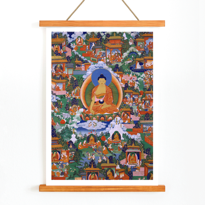 Poster montrant le Bouddha Shakyamuni dans des scènes de légende Avadana entourées de diverses figures dans une illustration vibrante et détaillée