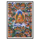 Póster muestra al Buda Shakyamuni en las escenas de la leyenda Avadana rodeado de varias figuras en una ilustración vibrante y detallada