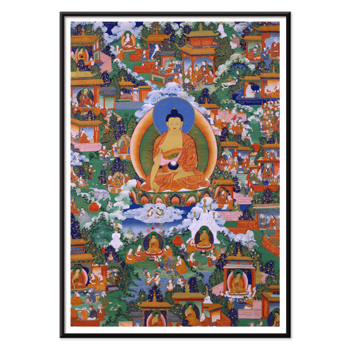 Poster montrant le Bouddha Shakyamuni dans des scènes de légende Avadana entourées de diverses figures dans une illustration vibrante et détaillée