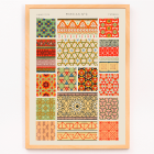 Poster displaying Persian 2 vintage pattern from Grammar of Ornament book by Owen Jones featuring colorful geometric designs.