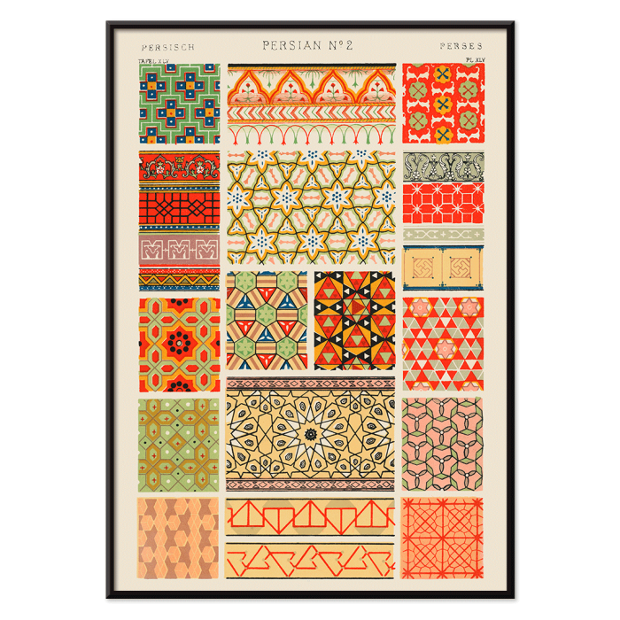 Poster displaying Persian 2 vintage pattern from Grammar of Ornament book by Owen Jones featuring colorful geometric designs.