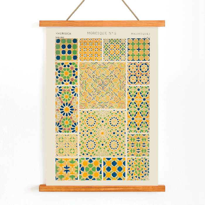 Poster of Moresque 5 vintage pattern from Grammar of Ornament book by Owen Jones featuring colorful geometric tile designs