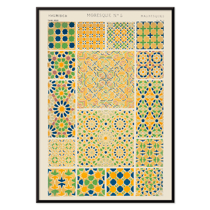 Poster of Moresque 5 vintage pattern from Grammar of Ornament book by Owen Jones featuring colorful geometric tile designs