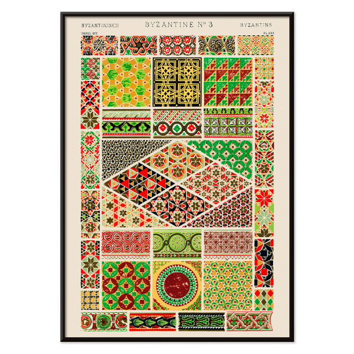 Poster of Byzantine 3 vintage pattern from Grammar of Ornament book by Owen Jones featuring colorful and intricate geometric designs.