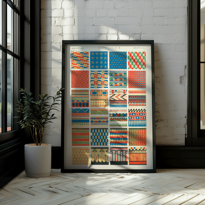 Poster showcasing vibrant Egyptian patterns from the artwork Egyptian 8 by Owen Jones from Century Grammar of Ornament book