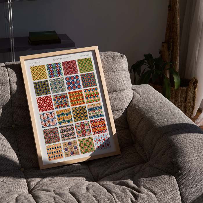 Poster showcasing vibrant Egyptian geometric patterns from the artwork Egyptian 7 by Owen Jones in Century Grammar of Ornament book.