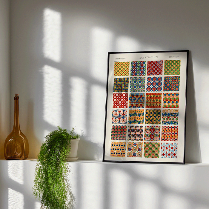 Poster showcasing vibrant Egyptian geometric patterns from the artwork Egyptian 7 by Owen Jones in Century Grammar of Ornament book.