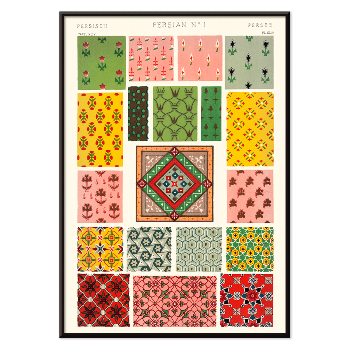 Poster présentant divers motifs persans colorés issus de l'œuvre Persian 1 du livre Century Grammar of Ornament d'Owen Jones