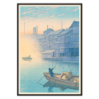 Poster of Morning at Dotonbori by Kawase Hasui showing a serene river scene with boats and wooden houses at dawn.