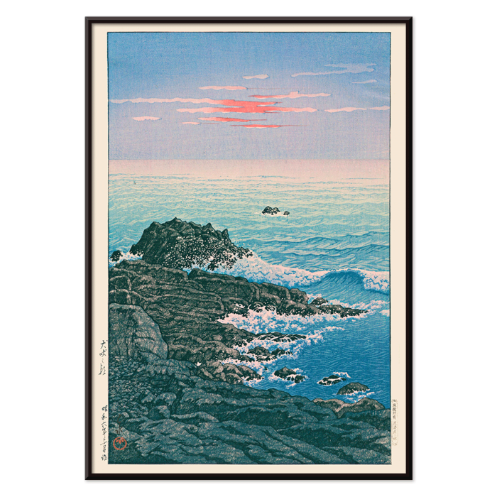 Poster of a coastal scene with waves crashing on rocky shore at sunrise titled Morning at Cape Inubo by Kawase Hasui.