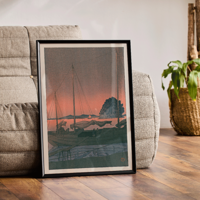 Poster of Ukiyo e Harbour Sunset by Kawase Hasui featuring boats docked at sunset with an island and mountains in the background