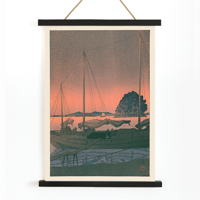 Poster of Ukiyo e Harbour Sunset by Kawase Hasui featuring boats docked at sunset with an island and mountains in the background