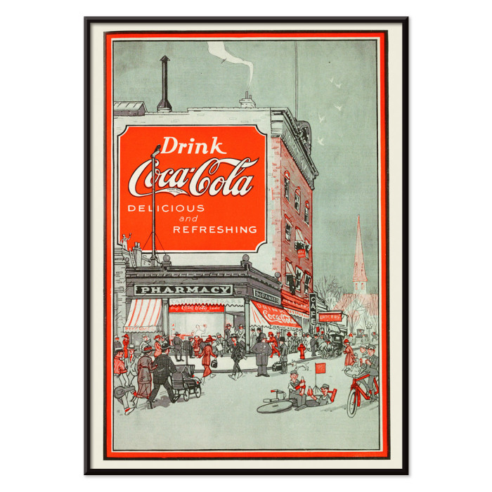 Poster intitulé Drink Coca Cola montrant une scène de rue animée avec des gens près d'une pharmacie et un grand panneau d'affichage Coca Cola