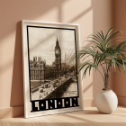 Póster titulado Londres: Casas del Parlamento y el Big Ben de Dixon Scott que presenta monumentos icónicos con imágenes en tonos sepia