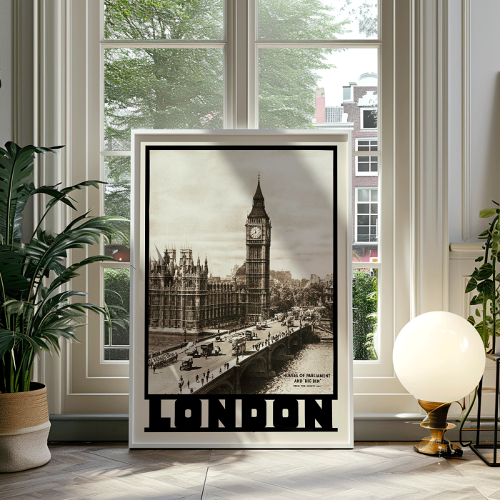 Poster titled London- Houses of Parliament and Big Ben by Dixon Scott featuring iconic landmarks with sepia-toned imagery