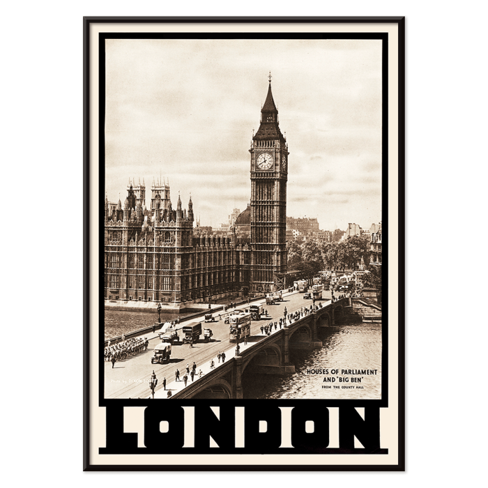 Póster titulado Londres: Casas del Parlamento y el Big Ben de Dixon Scott que presenta monumentos icónicos con imágenes en tonos sepia