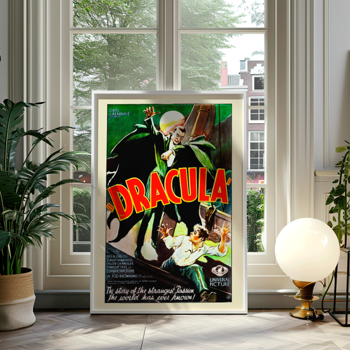 Dracula movie poster features a menacing Dracula in a green cloak looming over a terrified man with a full moon in the background