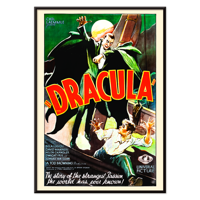 Dracula movie poster features a menacing Dracula in a green cloak looming over a terrified man with a full moon in the background