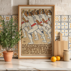 Poster of athletes in white uniforms with red sashes in a formation by Eduard Renggli titled Federal Gymnastics Festival in Basel.