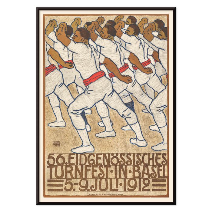 Poster of athletes in white uniforms with red sashes in a formation by Eduard Renggli titled Federal Gymnastics Festival in Basel.