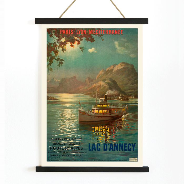 Poster featuring a serene evening scene of a boat on Lac d'Annecy with surrounding mountains and a glowing sky by François-Charles Cachoud.