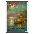 Poster featuring a serene evening scene of a boat on Lac d'Annecy with surrounding mountains and a glowing sky by François-Charles Cachoud.