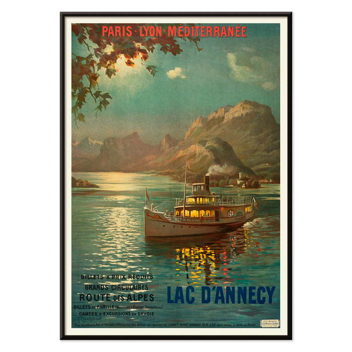 Poster featuring a serene evening scene of a boat on Lac d'Annecy with surrounding mountains and a glowing sky by François-Charles Cachoud.