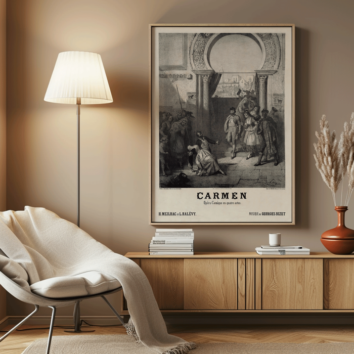 Poster featuring the artwork Carmen by Georges Bizet with characters in a dramatic scene under an archway.