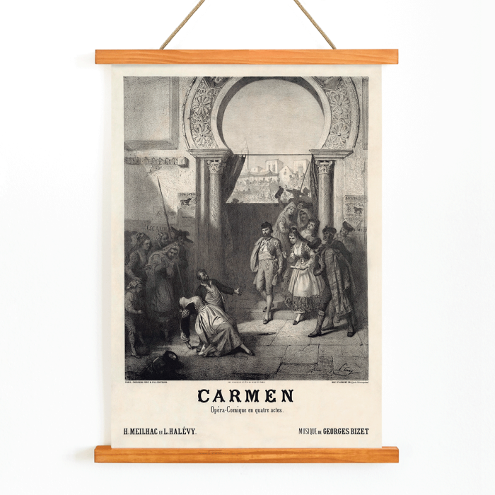 Póster presenta la obra de arte Carmen de Georges Bizet con personajes en una escena dramática bajo un arco.