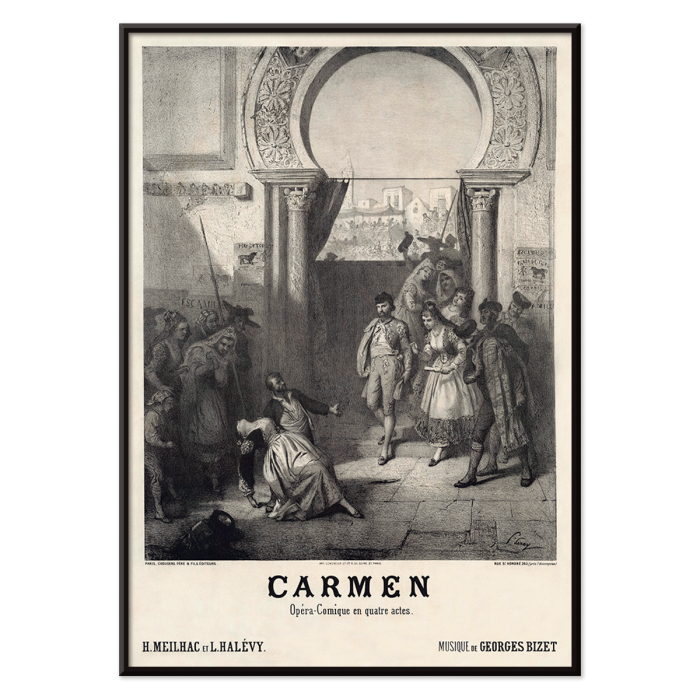 Póster presenta la obra de arte Carmen de Georges Bizet con personajes en una escena dramática bajo un arco.