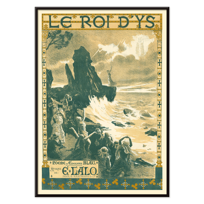 Poster of Édouard Lalo's Le roi d'Ys by Auguste François-Marie Gorguet depicting stormy seas and people along the rocky shore