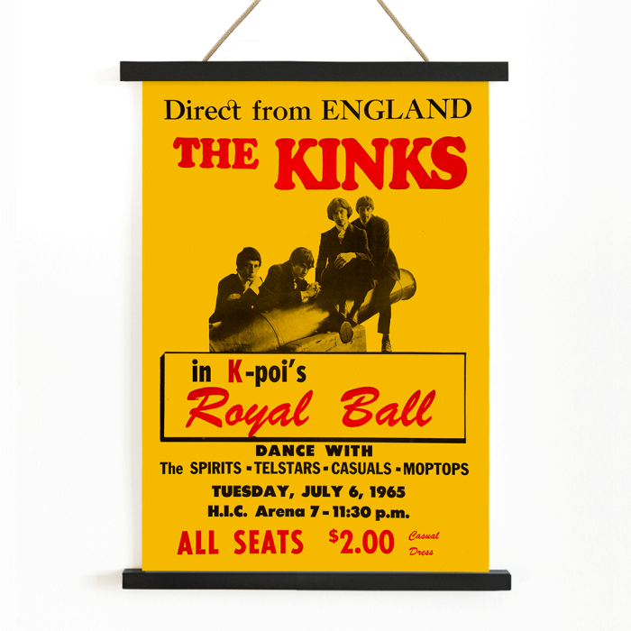 Poster for Concert performance by the Kinks at Hawaii's Honolulu International Center Arena featuring various bands and ticket details