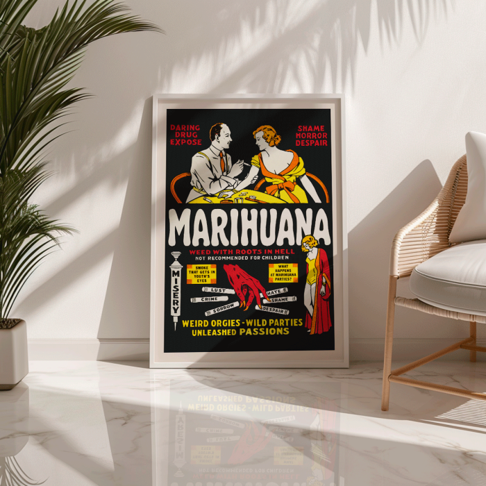 Marihuana movie poster featuring dramatic text and illustrations depicting the dangers and consequences of marijuana use