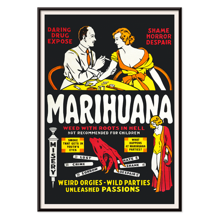 Marihuana movie poster featuring dramatic text and illustrations depicting the dangers and consequences of marijuana use