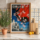 Poster titled Come to Tokyo featuring a large red lantern with cherry blossoms in front of cityscape and pagoda illustrations