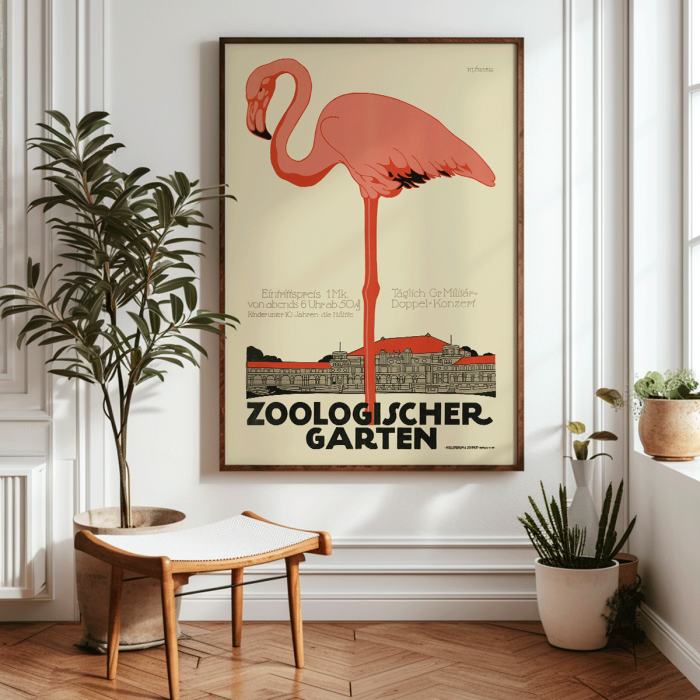 Poster titled Zoologischer Garten by Julius Klinger featuring an illustration of a pink flamingo and a building facade below it.