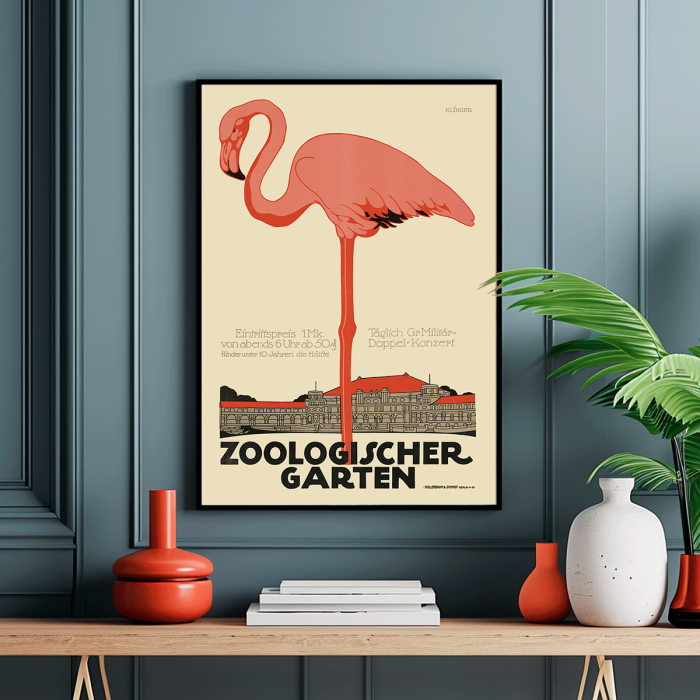 Poster titled Zoologischer Garten by Julius Klinger featuring an illustration of a pink flamingo and a building facade below it.