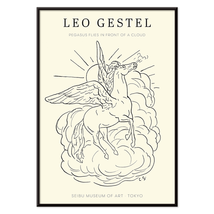 Poster featuring a line drawing of a flying Pegasus above clouds titled Pegasus Flies in Front of a Cloud by Leo Gestel.