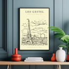 Poster with an artwork by Leo Gestel titled View of the Eiffel Tower in Paris showing a sketch of the Eiffel Tower and cityscape.