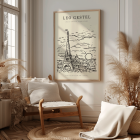 Poster with an artwork by Leo Gestel titled View of the Eiffel Tower in Paris showing a sketch of the Eiffel Tower and cityscape.