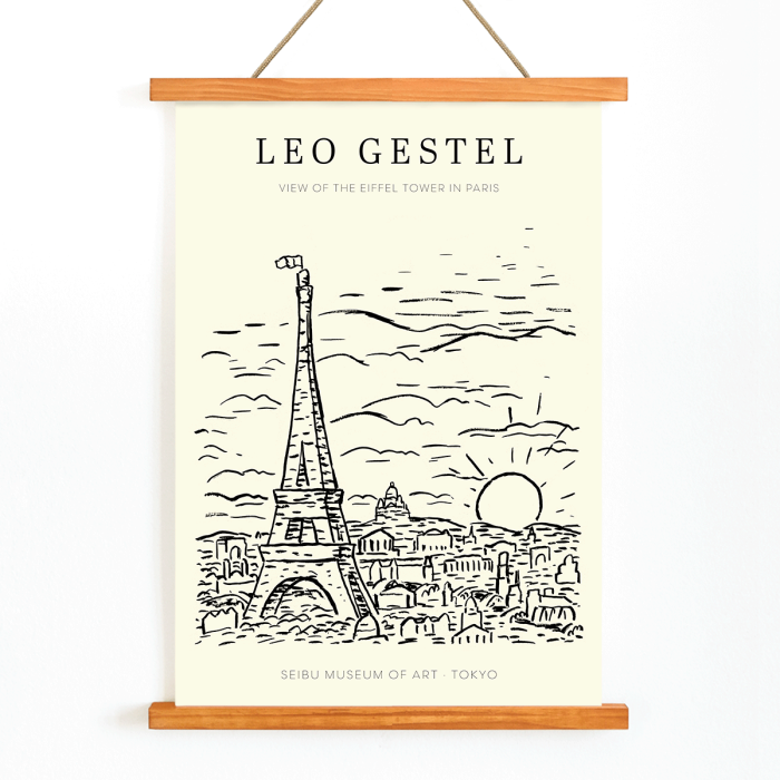 Poster with an artwork by Leo Gestel titled View of the Eiffel Tower in Paris showing a sketch of the Eiffel Tower and cityscape.